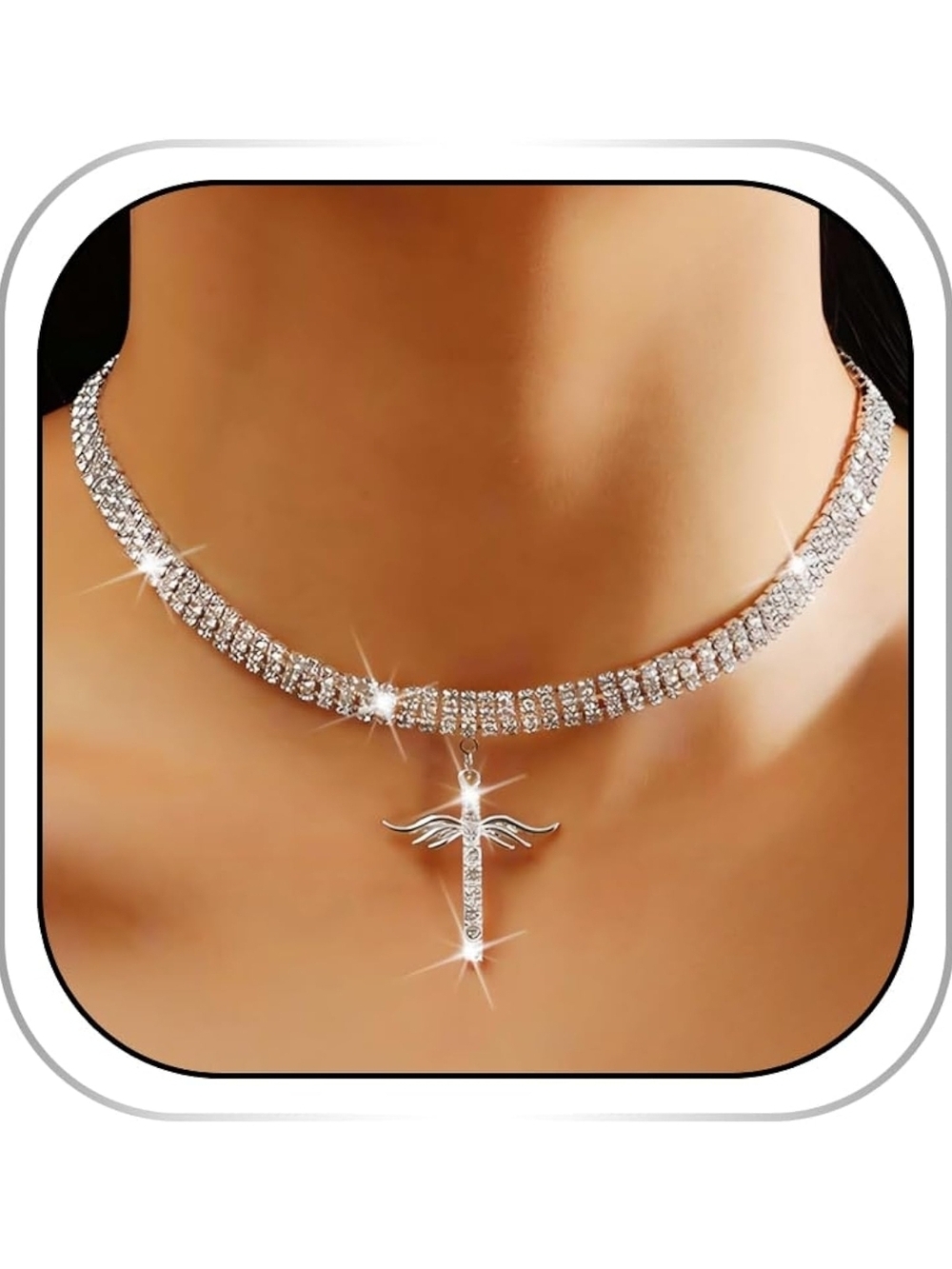 Silver Crystal Cross Pendant Choker Necklace